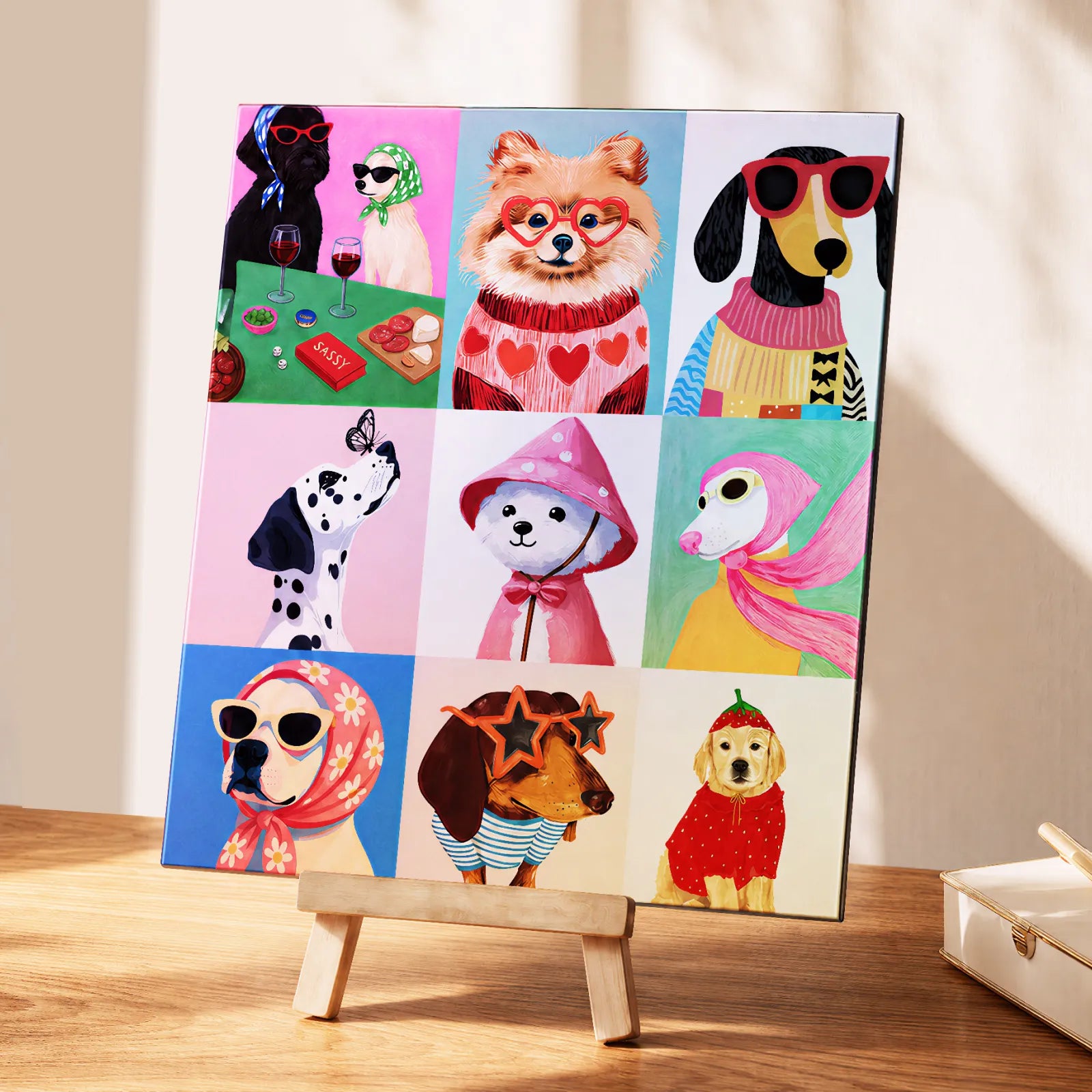 Placa decorativa ilustrada con acabado estampado sobre caballete de madera