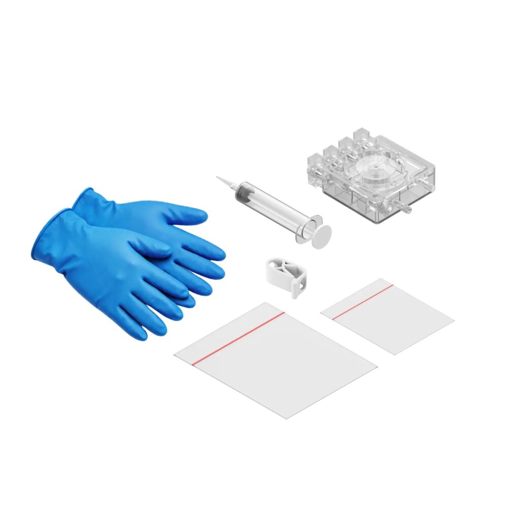 Contenido del kit de damper de tinta blanca: guantes, jeringa, damper, clip y bolsas