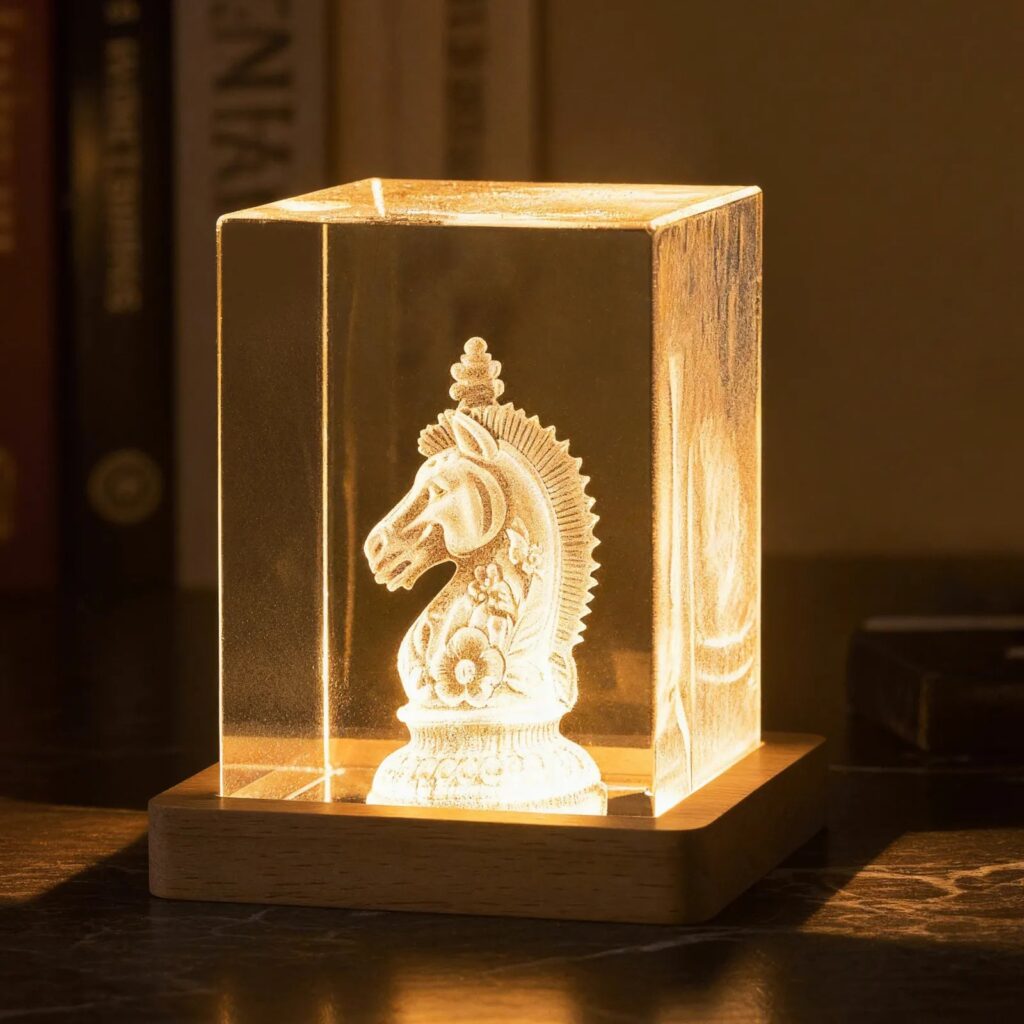 Bloque de cristal K9 con una pieza de ajedrez grabada en su interior, iluminado sobre una base de madera