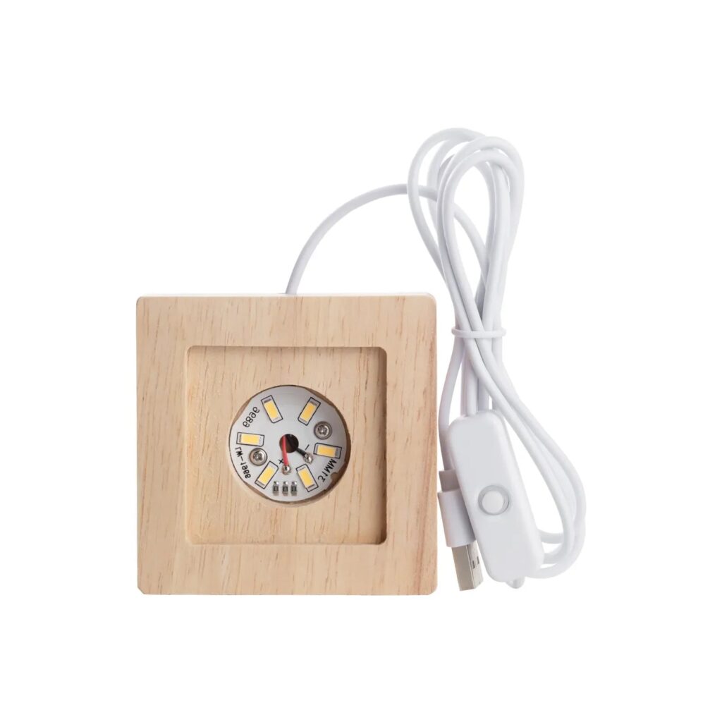 Base LED de madera cuadrada para bloque de cristal rectangular, con cable USB e interruptor