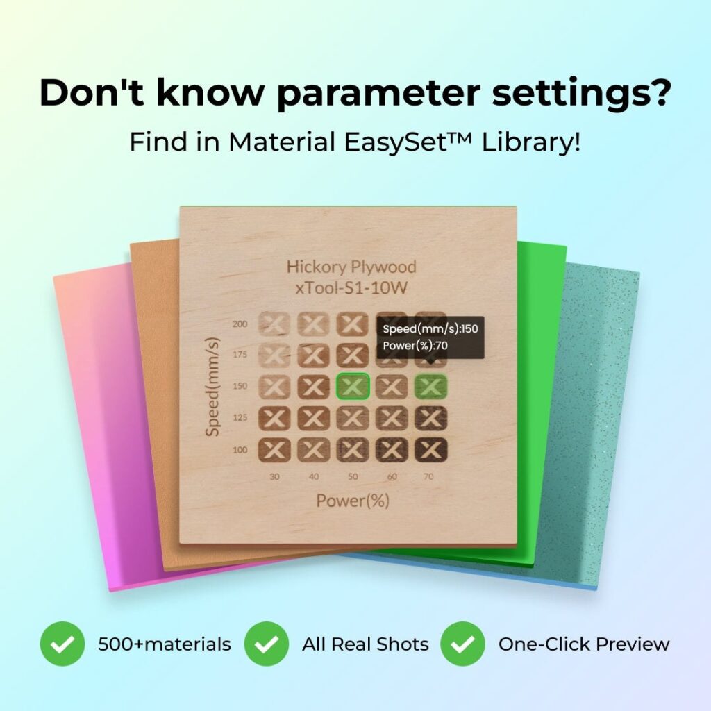 Biblioteca Material EasySet de la xTool M1 Ultra con parámetros por material