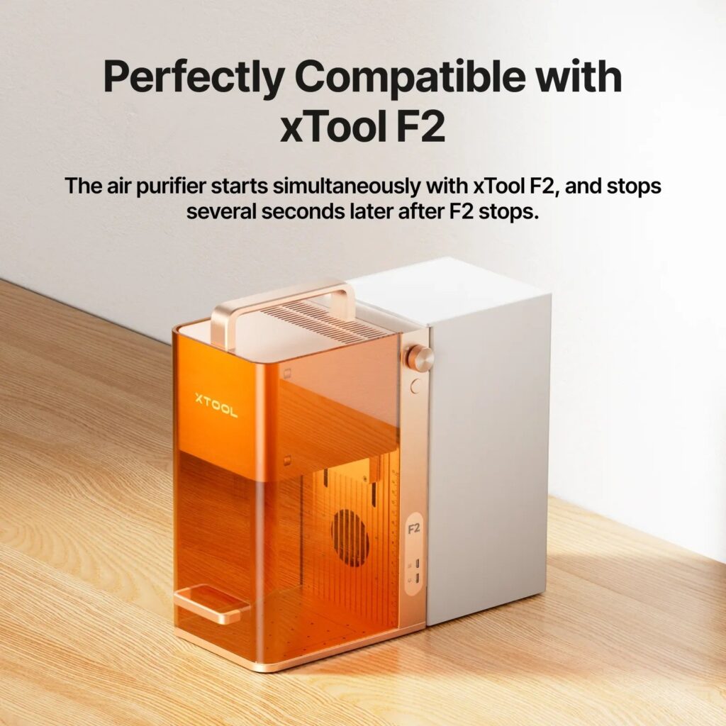 xTool F2 Air Purifier Go acoplado detras de la xTool F2: arranca y se detiene con la maquina