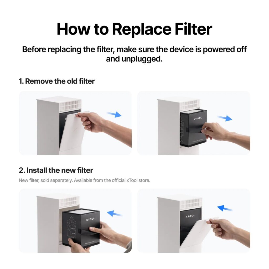 Como cambiar el filtro del xTool F2 Air Purifier Go paso a paso, sin herramientas
