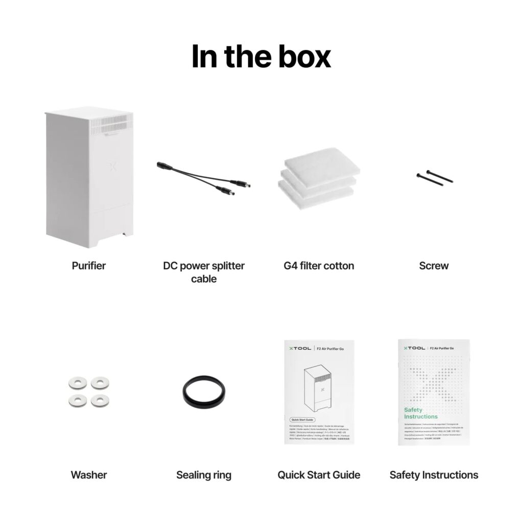 Contenido de la caja del xTool F2 Air Purifier Go: purificador, cable repartidor, algodones G4, tornillos, arandelas y junta