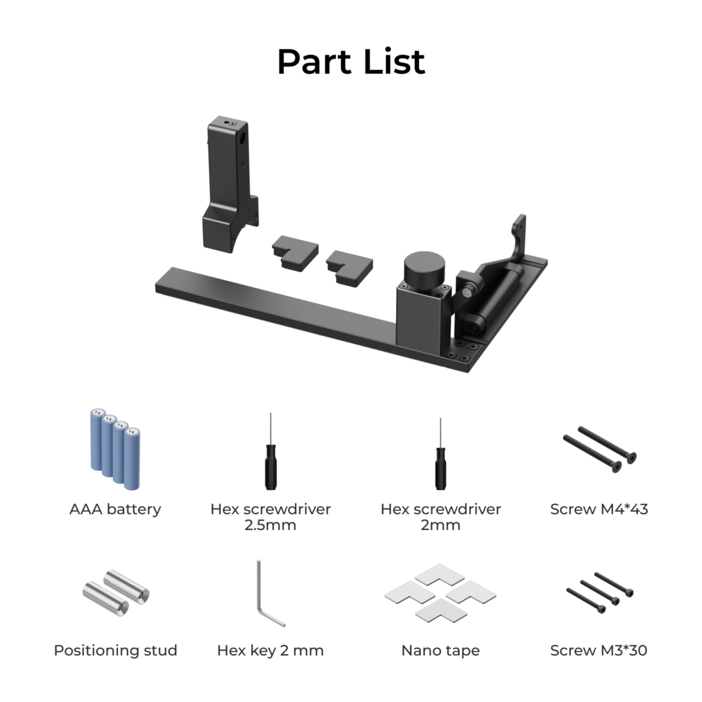 Lista de piezas del kit de accesorios del xTool RA2 Pro: pilas AAA, destornilladores hexagonales, pernos de posicionamiento, nano tape y tornilleria