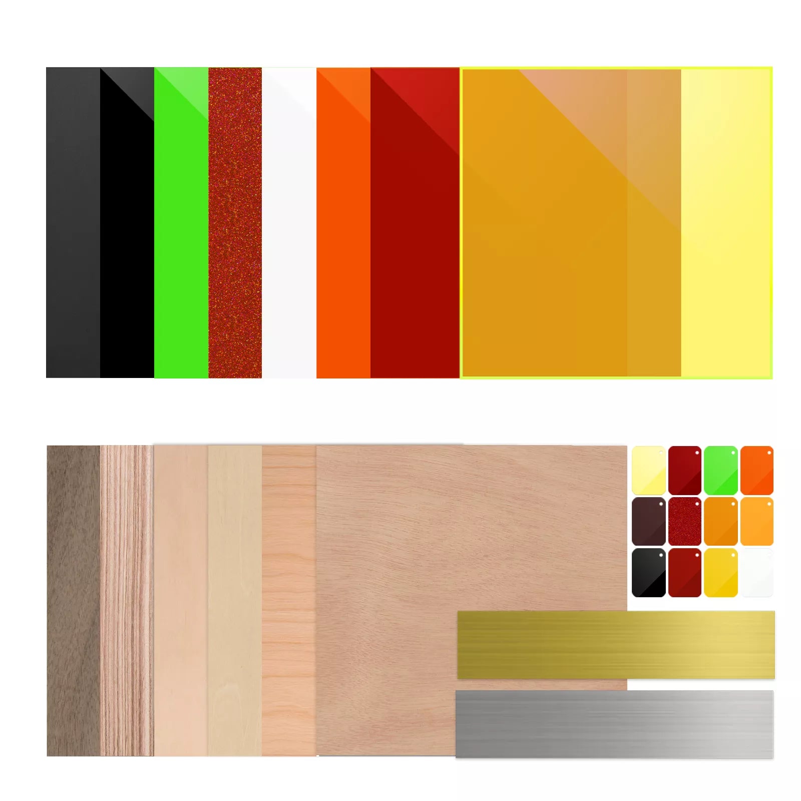 Los tres tipos de material del kit M/S Series sobre fondo blanco: arriba las láminas de acrílico en negro, verde, rojo purpurina, blanco, naranja, rojo y amarillos; abajo los contrachapados de distintas maderas junto al muestrario de doce acrílicos pequeños y las dos placas bicapa, una dorada y otra plateada