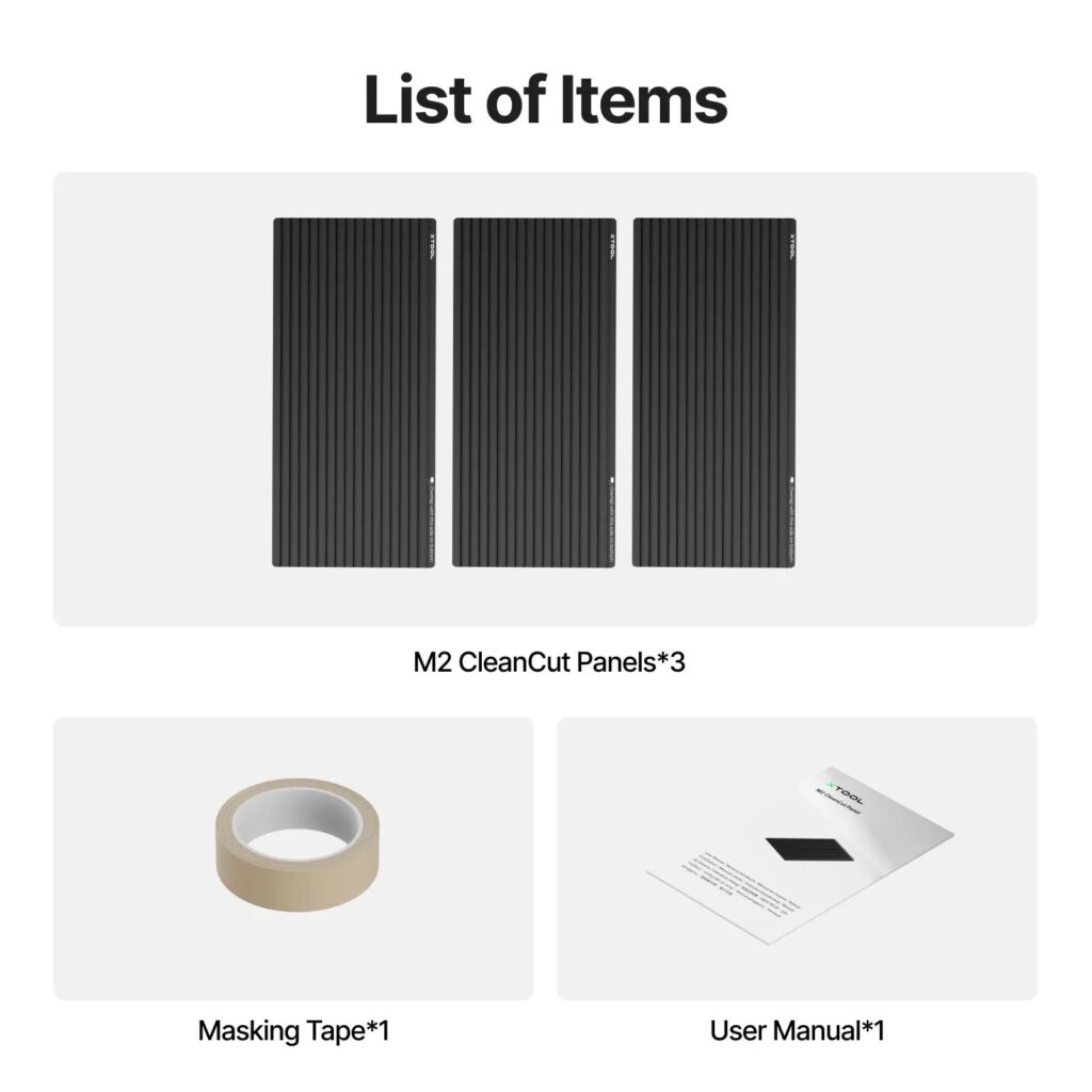 Contenido de la caja del xTool M2 CleanCut Panel: 3 paneles, cinta y manual