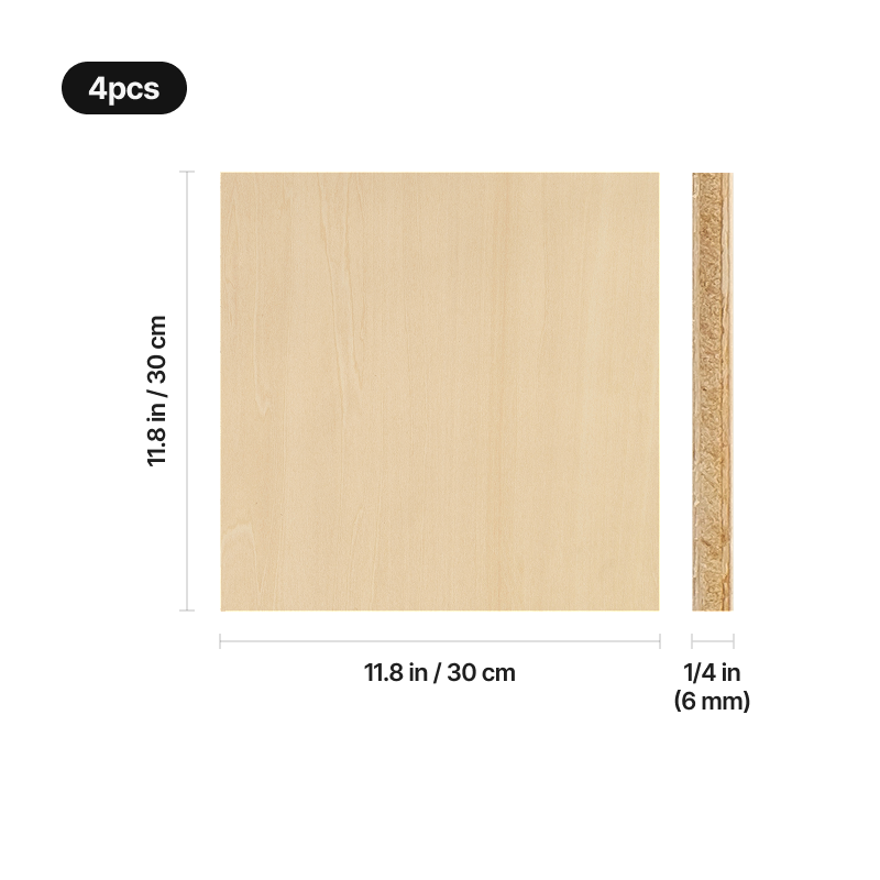 Hoja de contrachapado de tilo de 6 mm y 30 x 30 cm del pack de 4 unidades, con el canto laminado a la vista