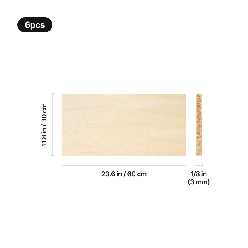 Hoja de contrachapado de tilo acotada: 60 x 30 cm de superficie y 3 mm de grosor, del pack de 6 unidades