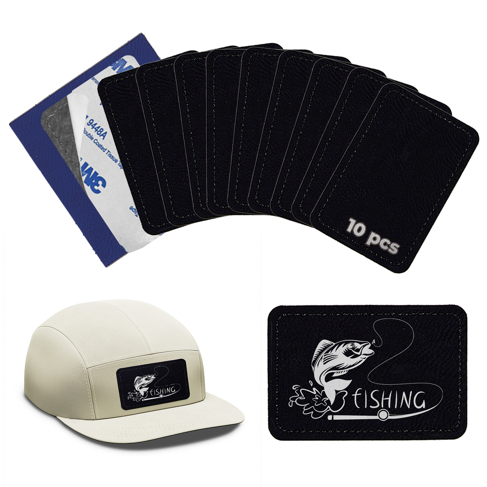 Los diez parches rectangulares de polipiel negra en abanico, con el chip de diez unidades y la lámina de adhesivo de doble cara 3M detrás; debajo, una gorra clara con un parche cosido y un parche grabado con un pez y la palabra fishing en plateado