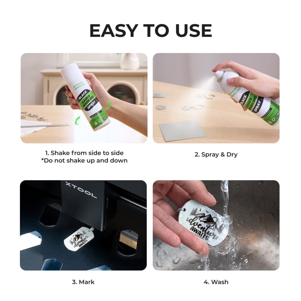 Los cuatro pasos de uso del spray: agitar el bote de lado a lado, pulverizar sobre la pieza y dejar secar, marcar con el laser, y lavar la pieza con agua
