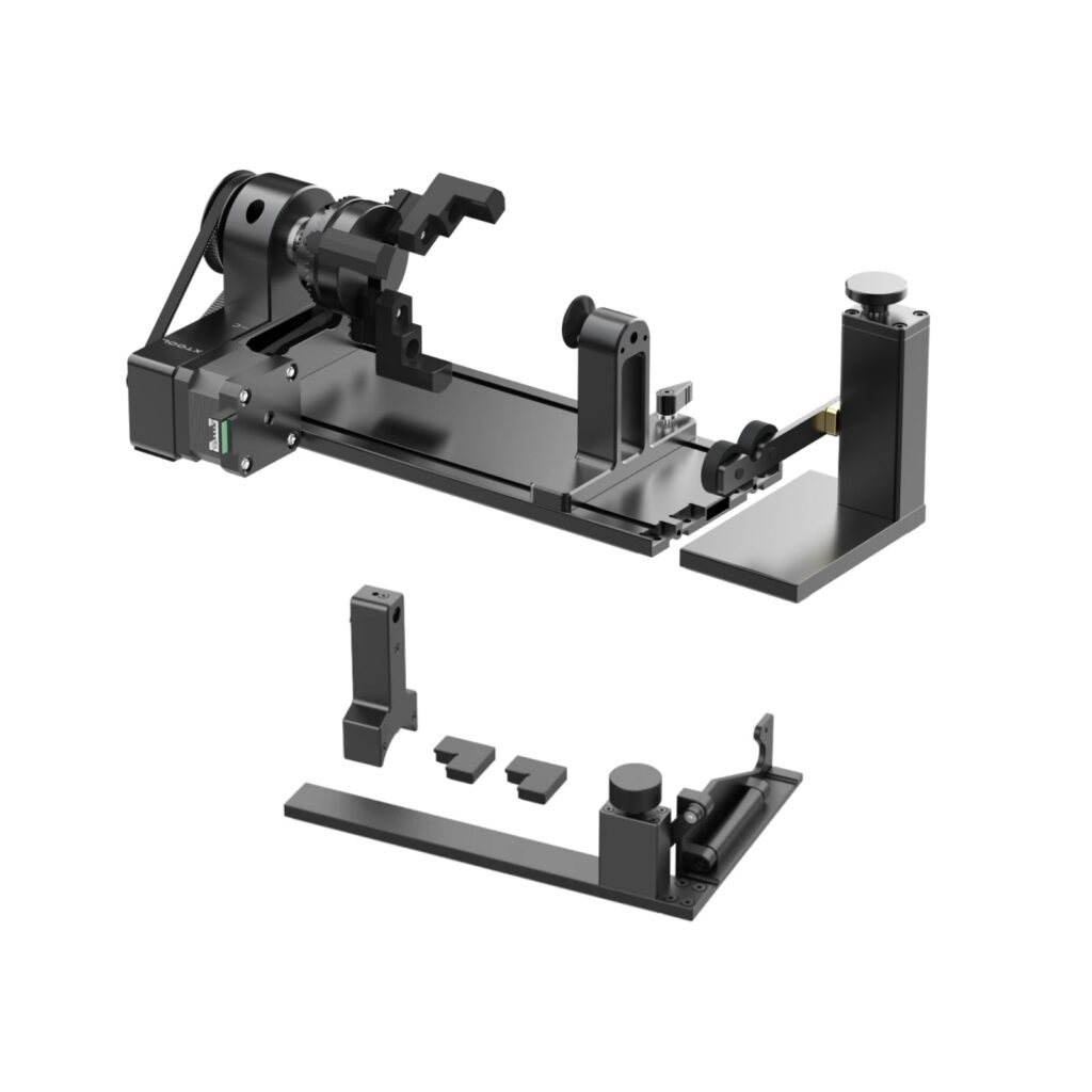 Rotativo xTool RA2 Pro completo con sus piezas de sujecion desmontadas