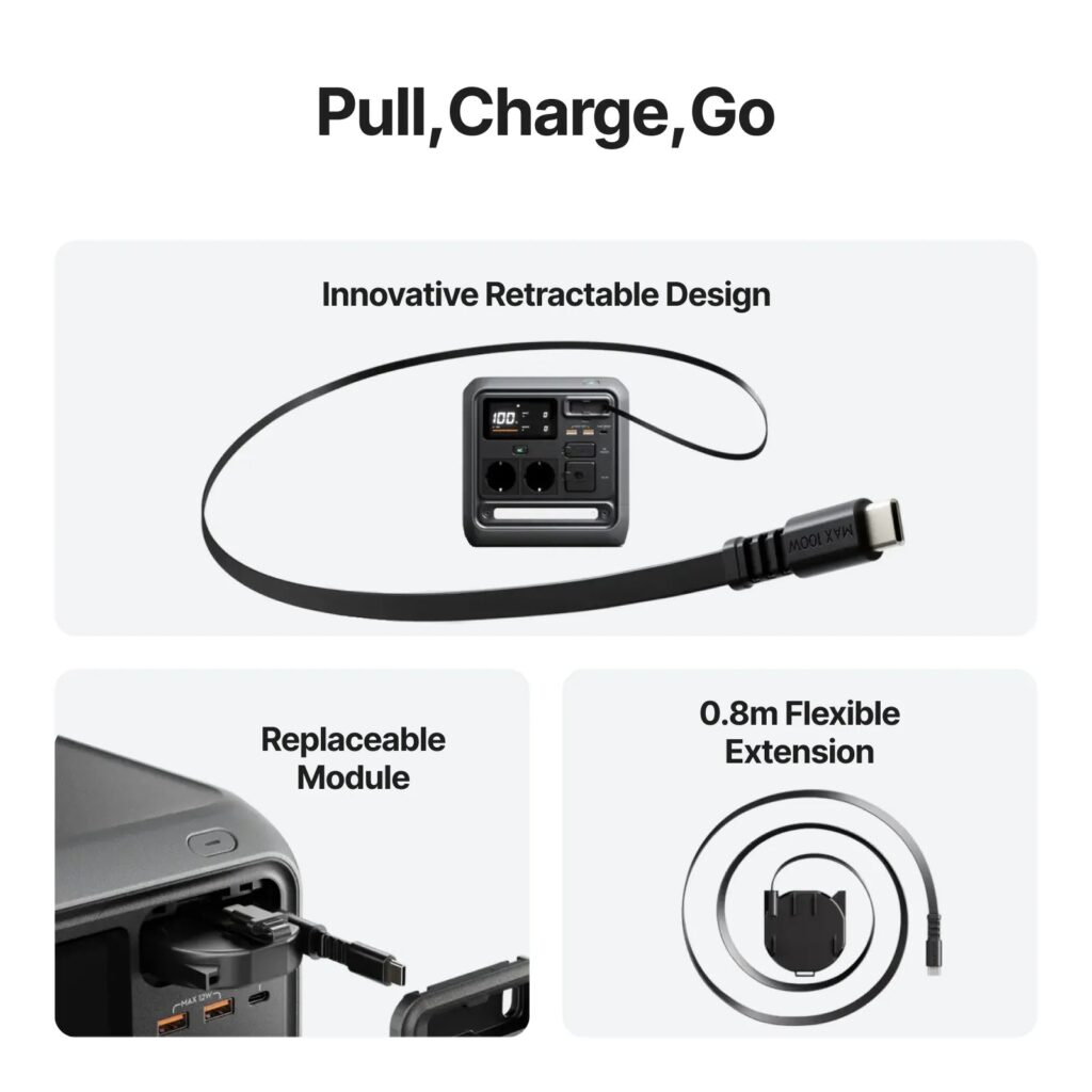Cable USB-C retráctil de 100 W de la DJI Power 1000 Mini, con su módulo sustituible y la extensión flexible de 0,8 m